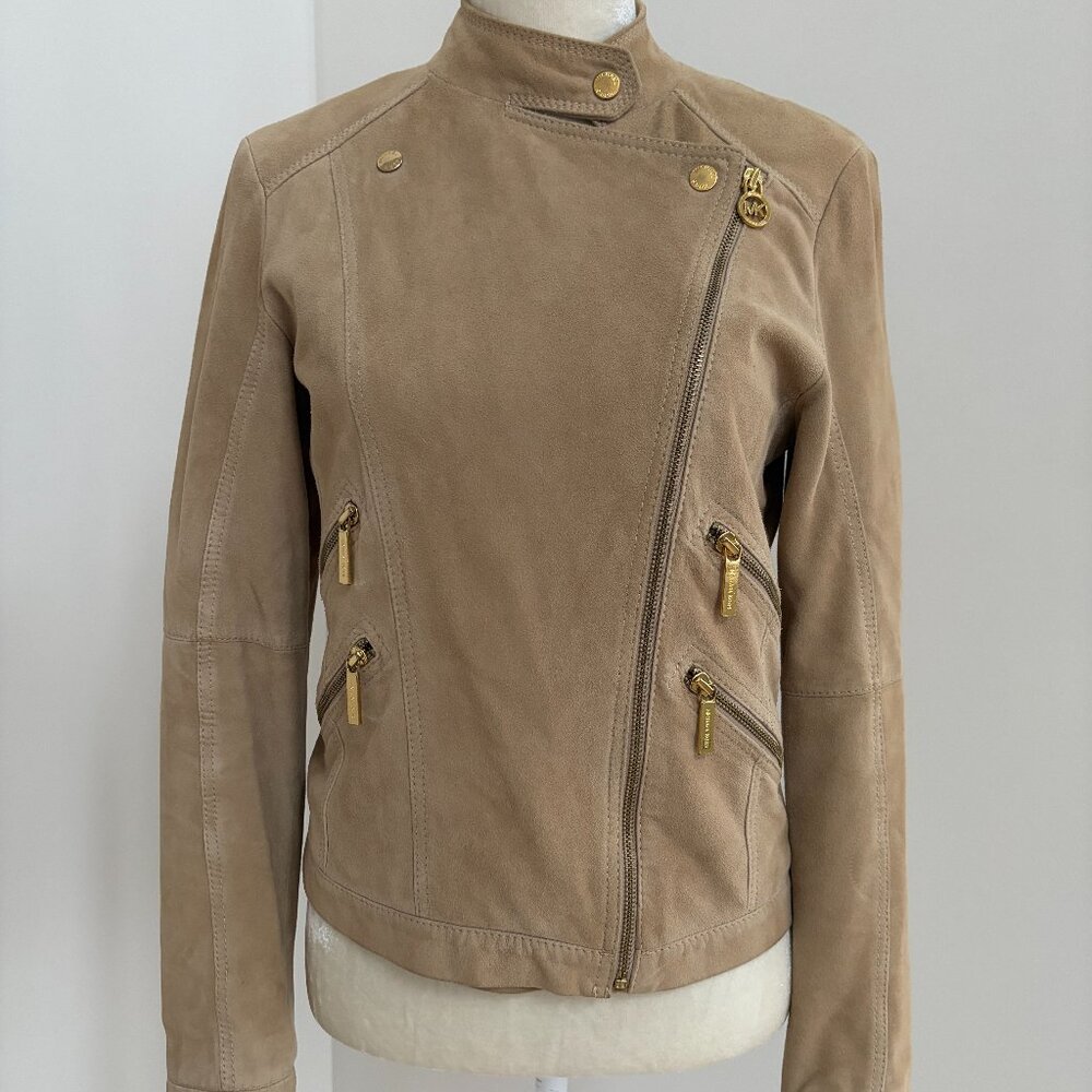 Michael by Michael Kors Women's Asymmetrical Suede Leather Tan Moto Jacket